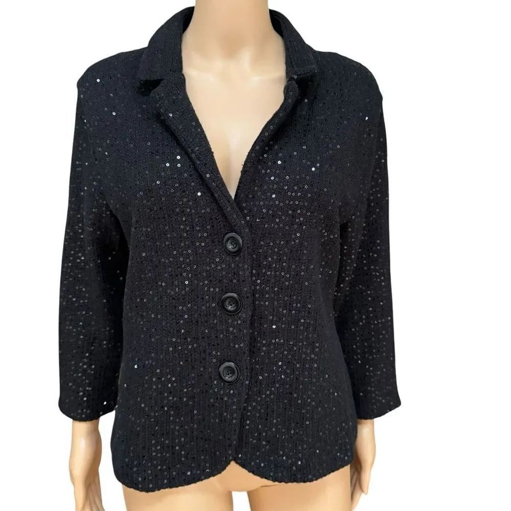 ECI Vintage Black Sequin Slim Fit 3/4 Sleeve Collared Crop Blazer Jacket size L